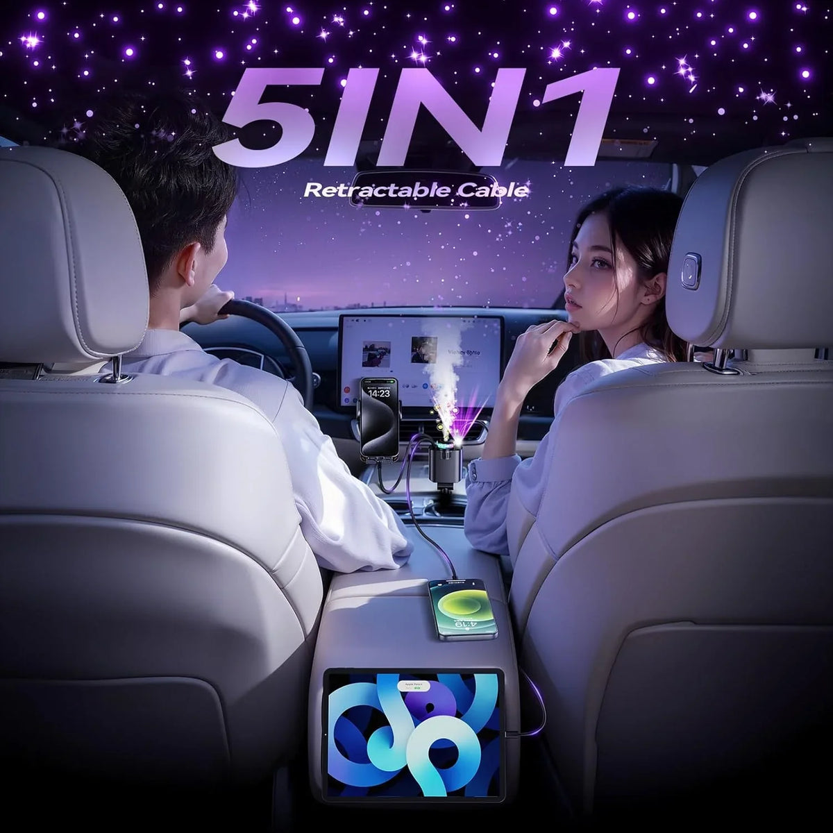 5 in 1 Retractable Fast Car Charger with Starlight & Aromatherapy