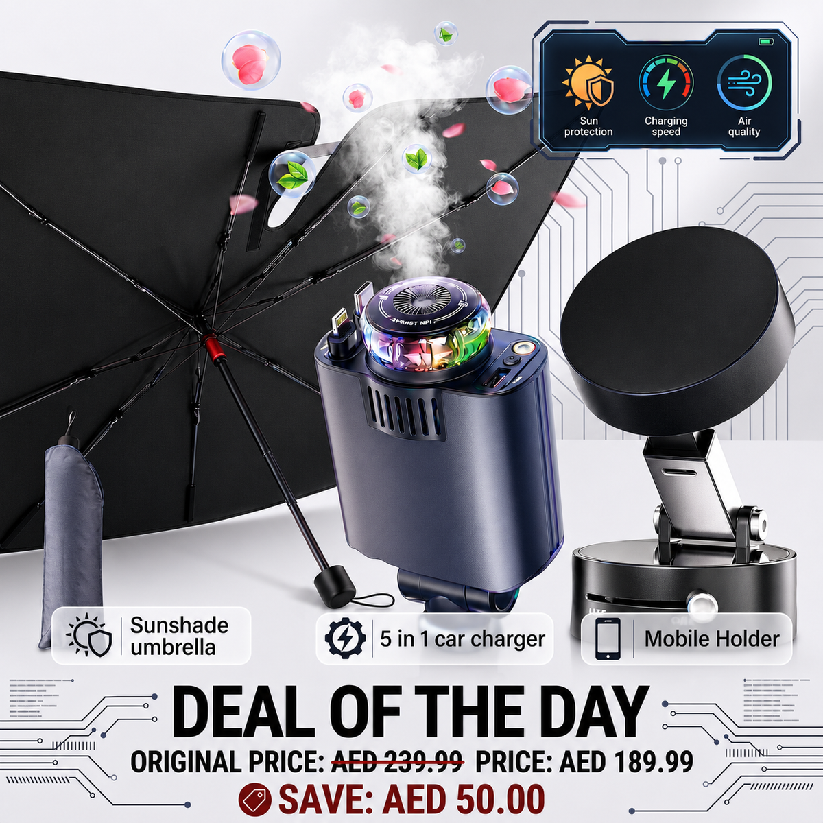 Ultimate Car Essentials Combo – Sunshade, Fast Charger & Phone Holder