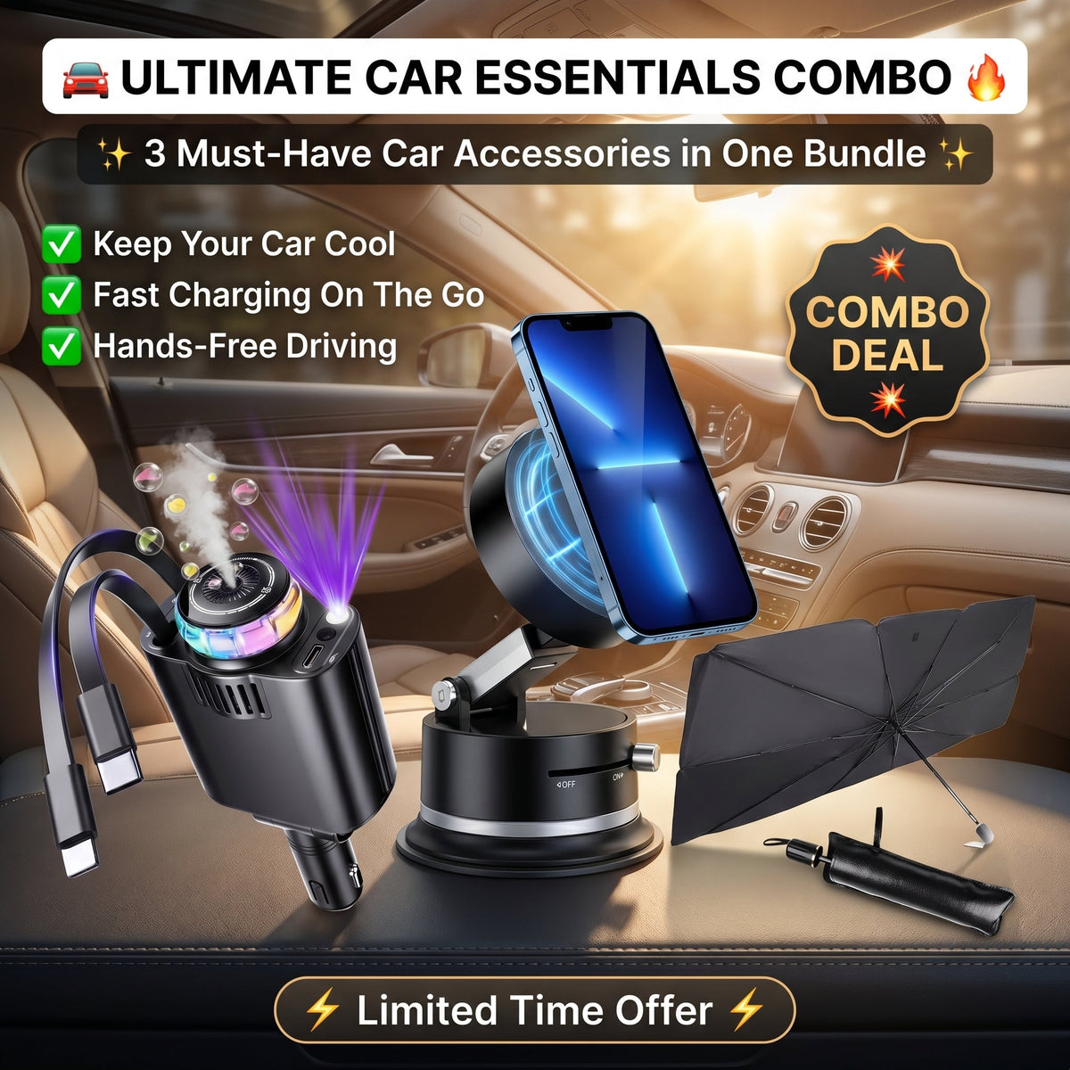 Ultimate Car Essentials Combo – Sunshade, Fast Charger & Phone Holder