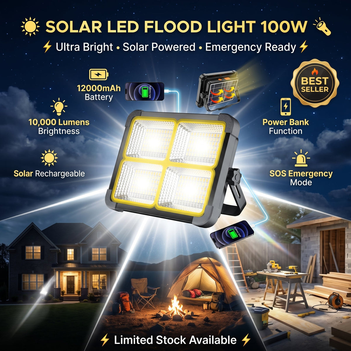 Solar LED Flood Light 100W – Emergency Power Bank