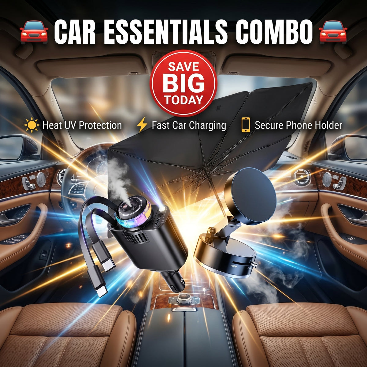 Ultimate Car Essentials Combo – Sunshade, Fast Charger & Phone Holder
