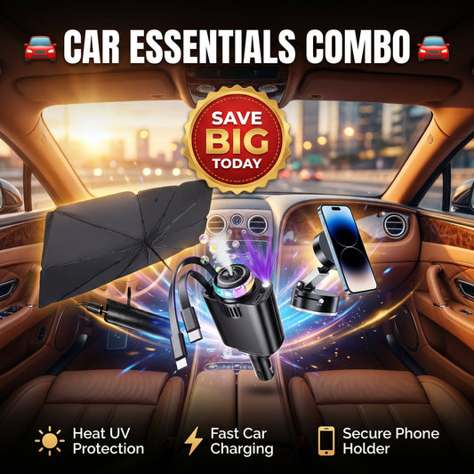 Ultimate Car Essentials Combo – Sunshade, Fast Charger & Phone Holder