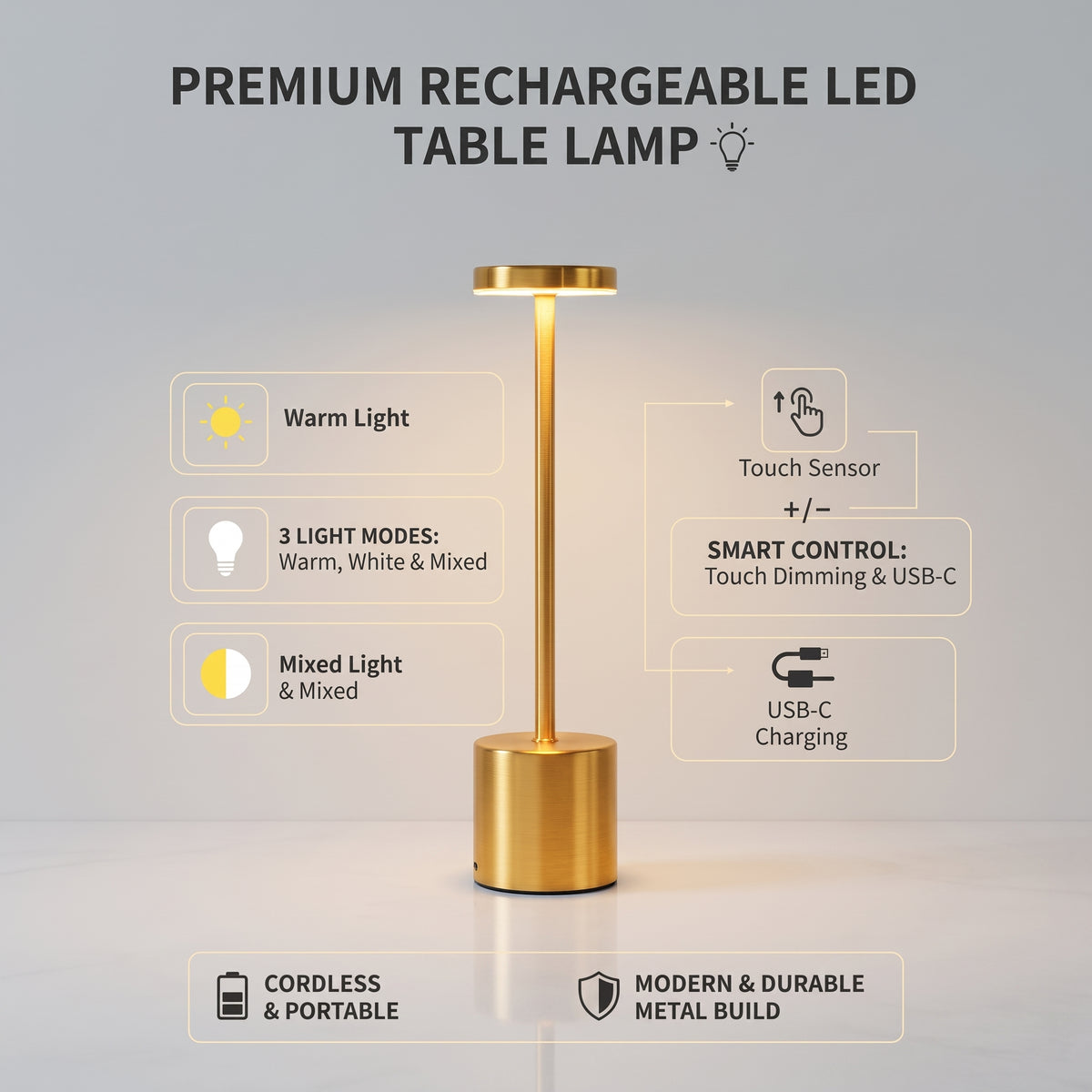 Rechargeable LED Table Lamp – Cordless Dimmable Light